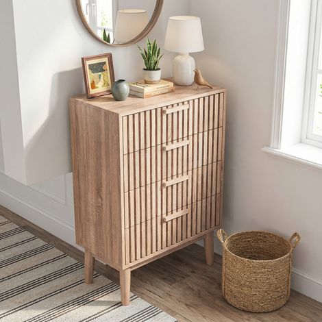Commode 60, 4 tiroirs, buffet 60, commode chambre, design à lattes verticales, meuble de rangement, pour salon/cuisine/salle à manger, style moderne/scandinave(60x34x91cm, Chêne clair)