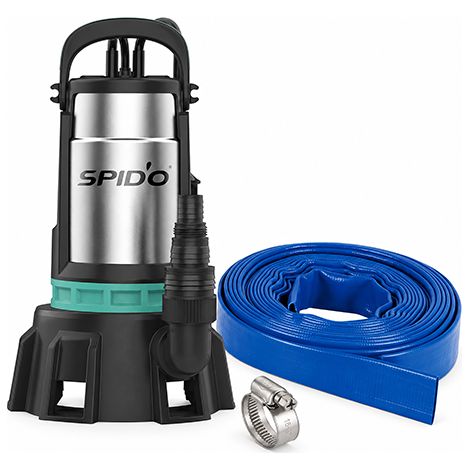 SPIDO - Kit Pompe d'Évacuation Eaux Chargées et Salées ECS 1000 - 1000 W - 21,5 m3/h - Tuyau Plat 25 m D40 mm + 2 Colliers Inox