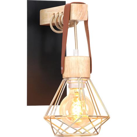 Applique Murale Industrielle - 1 Pièce - Fer et Bois Rétro - Suspension Ajustable en Cuir - Intérieur Salon Chambre - Noir et Or 25cm (1/5)