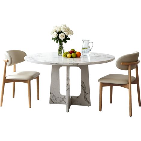 Ensemble table ronde et 2 chaises 120 cm MDF effet marbre blanc, pieds en chêne pour 4 à 6 - CHICFURN (1/5)