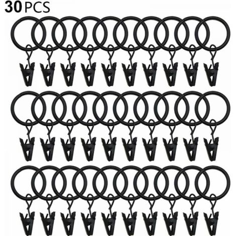 Anelli per tende con clip – Set di 30 pezzi in metallo nero, diametro interno adatto a bastoni per tende tesi e occhielli decorativi