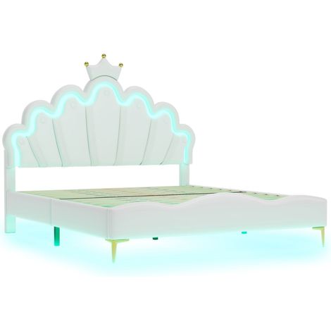 Lit double plat 140x200cm, lit princesse couronne, rembourrage doux en cuir PU, bande LED d'ambiance réglable, blanc (1/5)