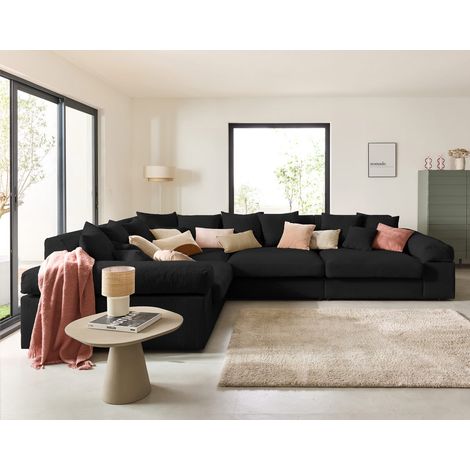 Lisa Design – Canapé d'angle réversible 5 places – Assise profonde en velours côtelé – Noir – Dimensions 375x235 cm – Style contemporain
