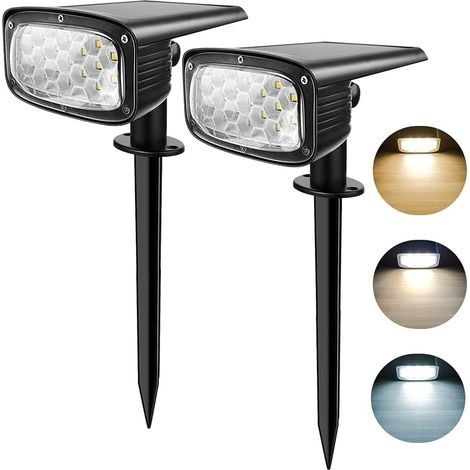 Projecteurs solaires paysagers extérieurs : 34 LED Lampes solaires de jardin IP67 étanches, 2 en 1 Applique solaire sans fil pour allée de jardin, patio, allée, lot de 2, 3 températures de couleur (1/5)