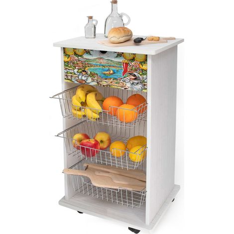 Lupia - Carrello Cucina Multifunzione WHITE NAPOLI PULCINELLA, Portafrutta Ruote Piroettanti, Piano di Appoggio, tre Cestelli Estraibili in Acciaio, Legno 40X45H85 cm montato (1/4)