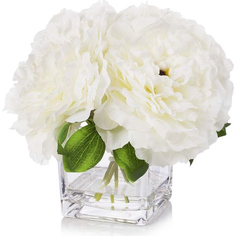 Arrangements de Fleurs de Pivoine en Soie dans Un Vase Cube en Verre avec Eau synthétique pour décoration de Table de Maison, de Mariage (crème) (1/5)