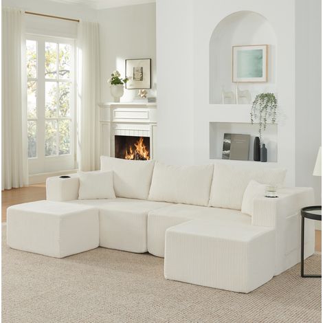 Sofá rinconero modular 230x138x75 cm beige, 3 plazas con otomanas, tejido acanalado MEUBLIV (1/5)