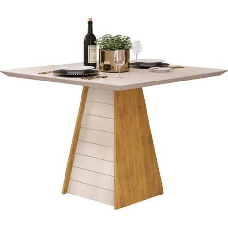 Beaux Meubles Pas Chers – Table de salle à manger carrée 90 cm – 4 places – Chêne et blanc – Plateau en verre laqué – Pieds trapèze sur patins glissants (1/5)
