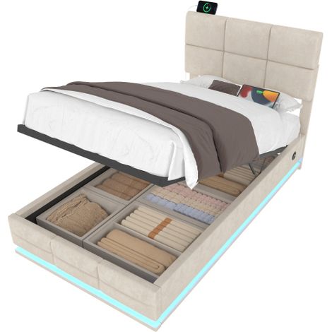 Lit moderne en velours capitonné 90x200 cm avec tête de lit réglable – Ports USB/Type-C, éclairage d'ambiance LED, système de relevage hydraulique et grand espace de rangement (matelas non inclus) – B (1/5)