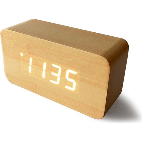 Beigefarbener Digitalwecker aus Holz, einstellbare Helligkeit, Sprachsteuerung