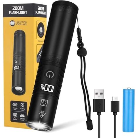 Lampe torche rechargeable 1500 lumens, zoom LED à mise au point réglable, lampe tactique pour activités extérieures, étanche IP65, affichage de la puissance. (1/5)