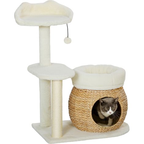 Arbre à chat avec niche, balle et plateforme, en roseau/sisal, jusqu'à 10 kg, 60 x 40 x 79 cm, blanc crème (1/5)
