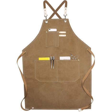 Arbeitsschürze für Damen und Herren, Werkzeugschürze für Küche, verstellbarer Riemen, Canvas mit 3 Taschen, Werkstattschürze für Holzbearbeitung, z. B. für Grillmeister, Bäcker, Schreiner, Tätowierer, (1/5)