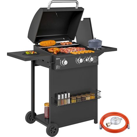 Barbecue à gaz avec brûleur indépendant, couvercle avec thermomètre et tablette latérale, noir., idéal pour le camping, les pique-niques et les repas en plein air (1/5)