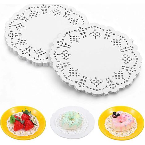 150 Stück 45 Zoll weiße Papierdeckchen, runde Einweg-Spitzendeckchen aus Papier, Deckchen für Tische, Speisen, Kuchen, Desserts, Bastelarbeiten und Tischdekorationen (1/4)