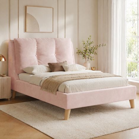 Cama infantil tapizada de terciopelo rosa 90x200 cm con somier de láminas y cabecero ajustable (1/5)