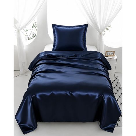 Satin Bettwäsche Set 155x220cm Dunkelblau Kühlend & Hautfreundlich mit Reißverschluss