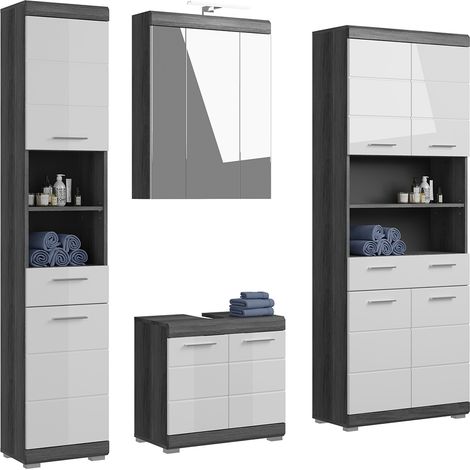 Badezimmermöbel Set 4-teilig modern in Hochglanz weiß mit grau SIROCO-158 (1/5)
