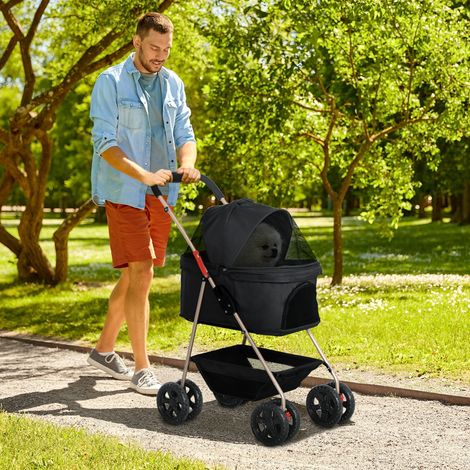 Poussette pour chiens 3 en 1 pliable avec sac de transport et panier inférieur, noir (1/5)