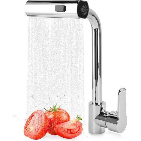 Wasserfall-Küchenarmatur, 360° drehbare Küchenmischbatterie mit Sprüher, Hochdruck mit Einzelhebel und 3 Sprühmodi, Silber