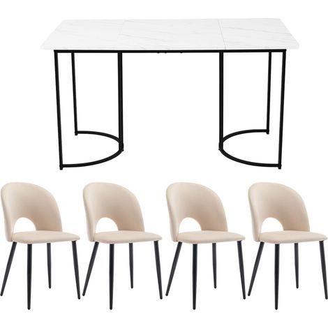 Ensemble salle à manger 5 pièces avec table 140x80 cm en MDF blanc marbré et 4 chaises en velours beige avec pieds réglables (1/5)