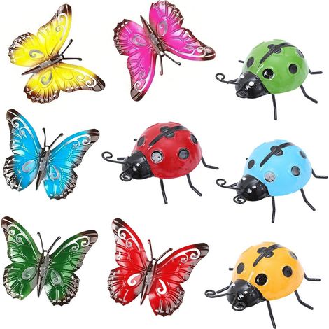 Lot de 9 décorations Papillons et coccinelles - Réalistes en Plastique - Résistantes aux intempéries - pour Jardin, Terrarium et Appartement - avec Fil de Fixation (1/5)