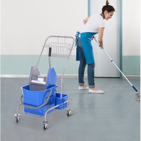 Carro de limpieza (72x49.5x95 cm), con cubo de 25 L, escurridor, cesta colgante, plástico azul (1/5)