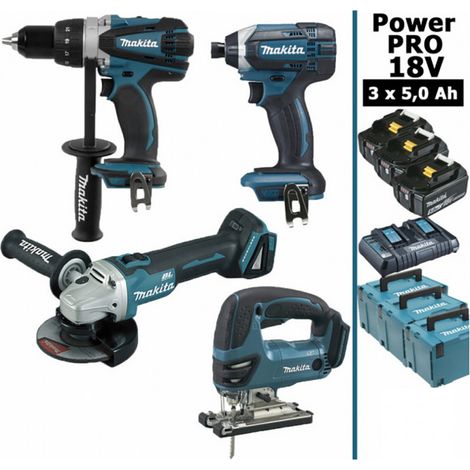 Pack Makita Power PRO 18V: DDF458 + DGA504 + DTD152 + DJV180 + 3 batt 5Ah + 3 Coffrets (1/5)