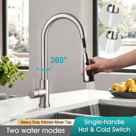 Robinet de cuisine avec douchette extractible, 3 jets, mitigeur haute pression pivotant à 360°, bec haut, en acier inoxydable, mitigeur monocommande pour évier (1/5)