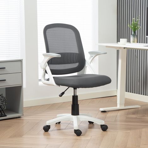 Sedia da ufficio in rete traspirante, ergonomica, girevole, con braccioli pieghevoli e supporto lombare, grigia.