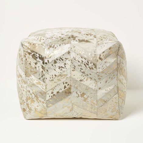 HOMESCAPES Gold & Grey Geometric Diamond Leather Pouffe Bean Cube (1/5)