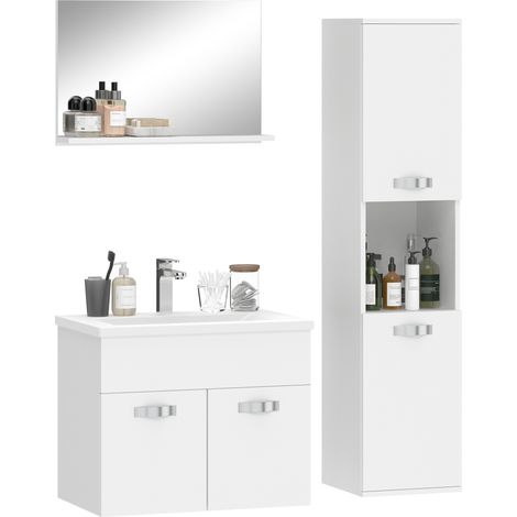 4-teiliges Badezimmermöbel-Set zur Wandmontage, bestehend aus Spiegel, Waschtischunterschrank, Waschbecken und Hochschrank, Weiß