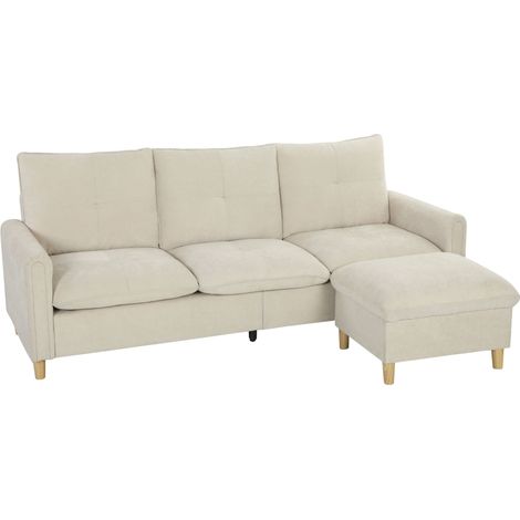 Canapé 3 places avec pouf de rangement, canapé d'angle modulable 210 cm, assise large, tissu aspect lin, crème (1/5)
