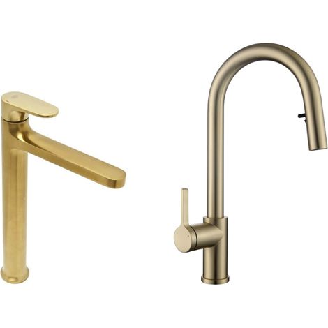 Set grifo de lavabo XL + grifo de cocina Ceramia Timeless de acero inoxidable con ducha extraíble, oro cepillado (1/5)