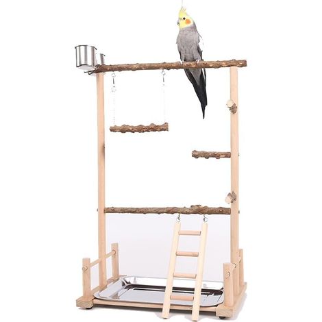 Taille-perroquet en bois naturel Jouet de support d'entraînement pour oiseaux Aire de jeux avec balançoire, échelle et tasses d'alimentation (1/5)