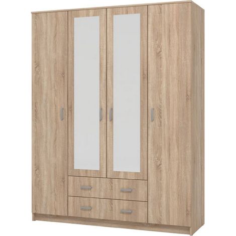 Guardaroba Grande Miazzina, Armadio Camera da Letto 9 Ripiani, Appendiabiti, 4 Ante, 160x205h cm Marrone Noce