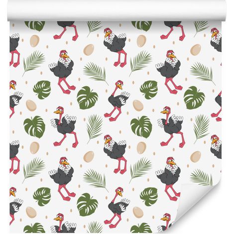 Papier peint Autruche blanc, gris clair et vert citron pour salon et chambre 50x1000 (1/5)