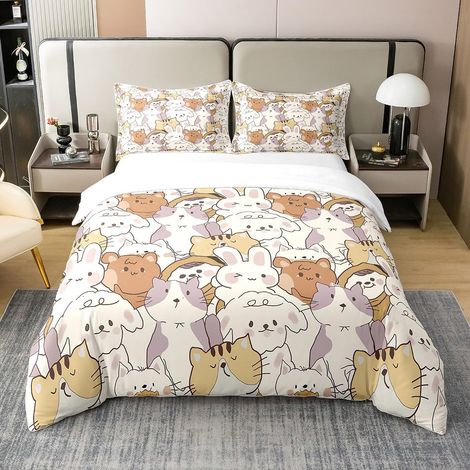 Chat Mignon Housse de Couette Toddler Dessin animé Sheep Rabbit Housse de Couette 240x260cm 100% Coton Kawaii Animaux Parure de lit Décor de Chambre Animaux Lover's Gift Léger - 240 x 260 cm + 2 taies (1/5)