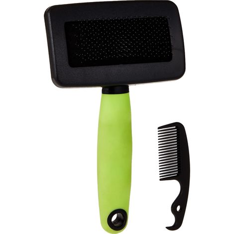 Ferplast Spazzola Cardatore per Gatti - Pelo Medio e Lungo - Setole Inclinate e Testine Arrotondate, Acciaio Inox - Impugnatura Ergonomica Morbida - Pettine Extra Incluso - Misura M, Verde (1/3)