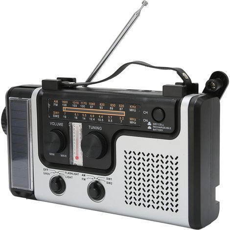 Radio à manivelle LED avec réception AM/FM/SW, dynamo solaire et lampe torche portable pour une utilisation en extérieur. (1/5)