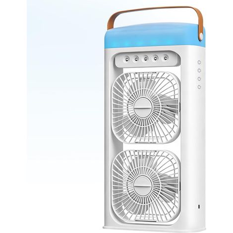 Ventilateur climatiseur portable 4 en 1 avec brumisateur, double ventilateur, climatisation réglable sur 3 niveaux, fonction minuterie 1 à 4 tours, veilleuse à couleurs changeantes, chargement sans fi