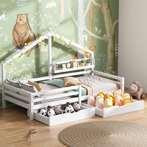 Lit cabane enfant, 90x200 cm,lit gigogne en pin massif avec étagère de rangement et 2 grands tiroirs forme cheminée ,Blanc