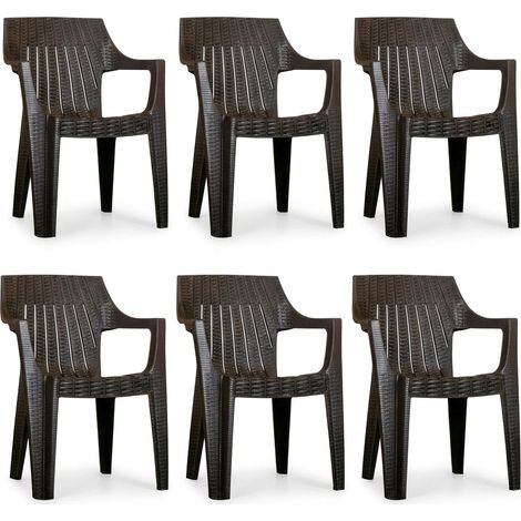 Set 6 Sedie con Braccioli Polyrattan Esterno Giardino Modello Laura Marrone
