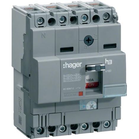 Hager – Disjoncteur tripolaire 4 pôles 125A 25kA – Courant de commutation 25kA – Montage sur rail DIN – HHA126H