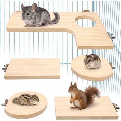 Lot de 5 Plateformes en Bois pour Cage – L 27x19cm avec Trou + 2 Rectangles 15x8cm + 2 Ronds 10cm – Naturel sans Échardes – pour Hamster, Chinchilla, Perruche (Rondelles + Vis) (1/5)