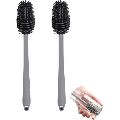 Spazzola in silicone per bottiglie con manico lungo，spazzola per la pulizia di utensili da cucina，spazzola per piatti，grigia (2 pezzi) (1/2)