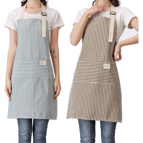 Lot de 2 tabliers à bavette ajustables avec 2 poches, en coton et lin, pour la cuisine, pour femmes et hommes.