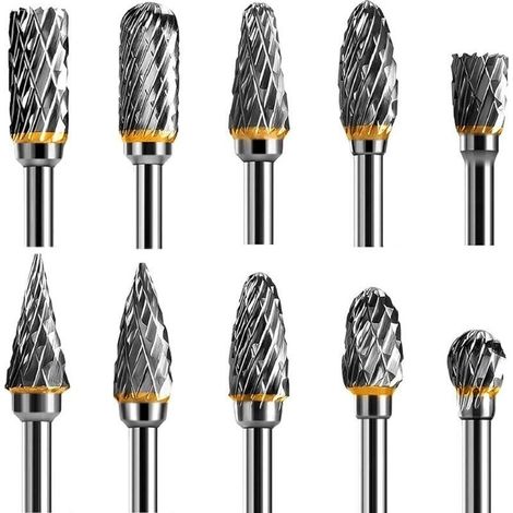 Jeu de Fraises Rotatives Acier Carbure de Tungstène Double Tranchant pour Outil rotatif, 10 pièces Tige 1/8” pour Outil Rotatif pour Bricolage, Sculpture sur bois, Polissage métaux, Gravure, Perçage (1/5)