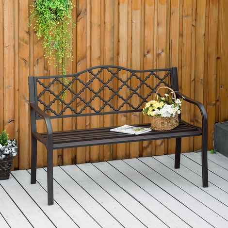Banco de jardín/patio Outsunny de 3 plazas, estilo rústico chic, 128 cm de largo x 60 cm de ancho x 89 cm de alto, metal con revestimiento epoxi anticorrosión, hierro fundido, marrón.