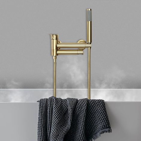 Robinet de baignoire mural doré - Robinet de baignoire monté en laiton avec douchette à main - Bec de baignoire pivotant - Robinet de salle de bain - Robinet de douche chaud et froid - Robinet brossé (1/5)